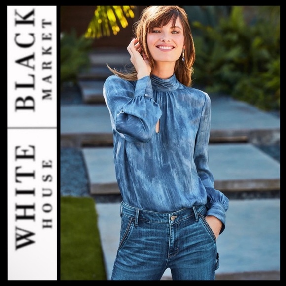 White House Black Market Tops - WHBM Elegant Blue Satin Mock Neck Women's Blouse size 12
